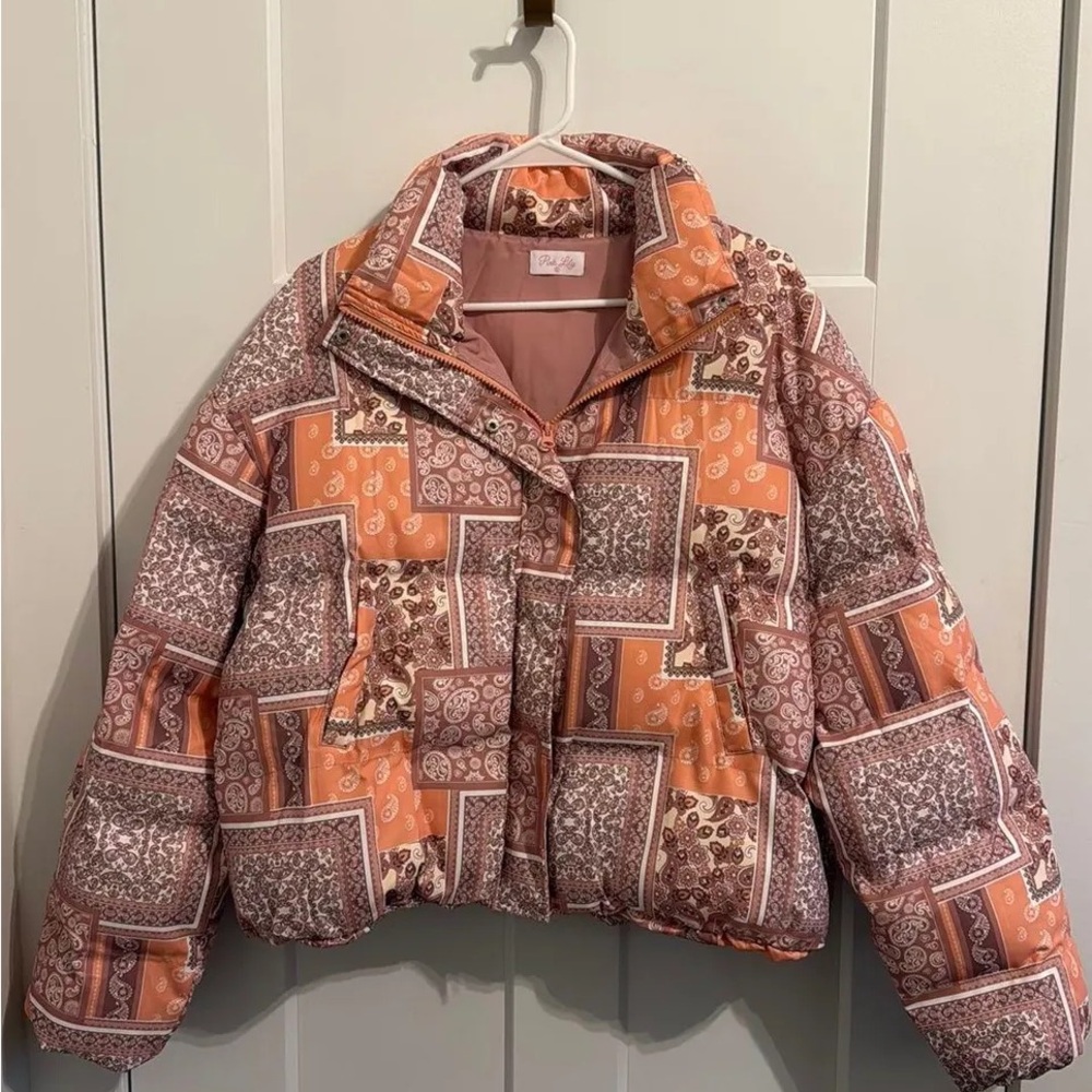Pink Lily Patchwork Puffer Jacket - Orange And Br… - image 1